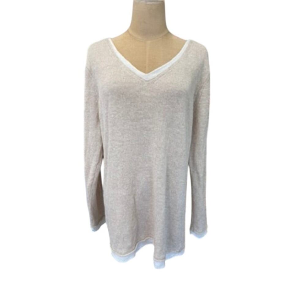 "AVALIN" 100% Linen Sweater Beige W/White Detail Trim‎ SZ XL rolled Hem Beachy